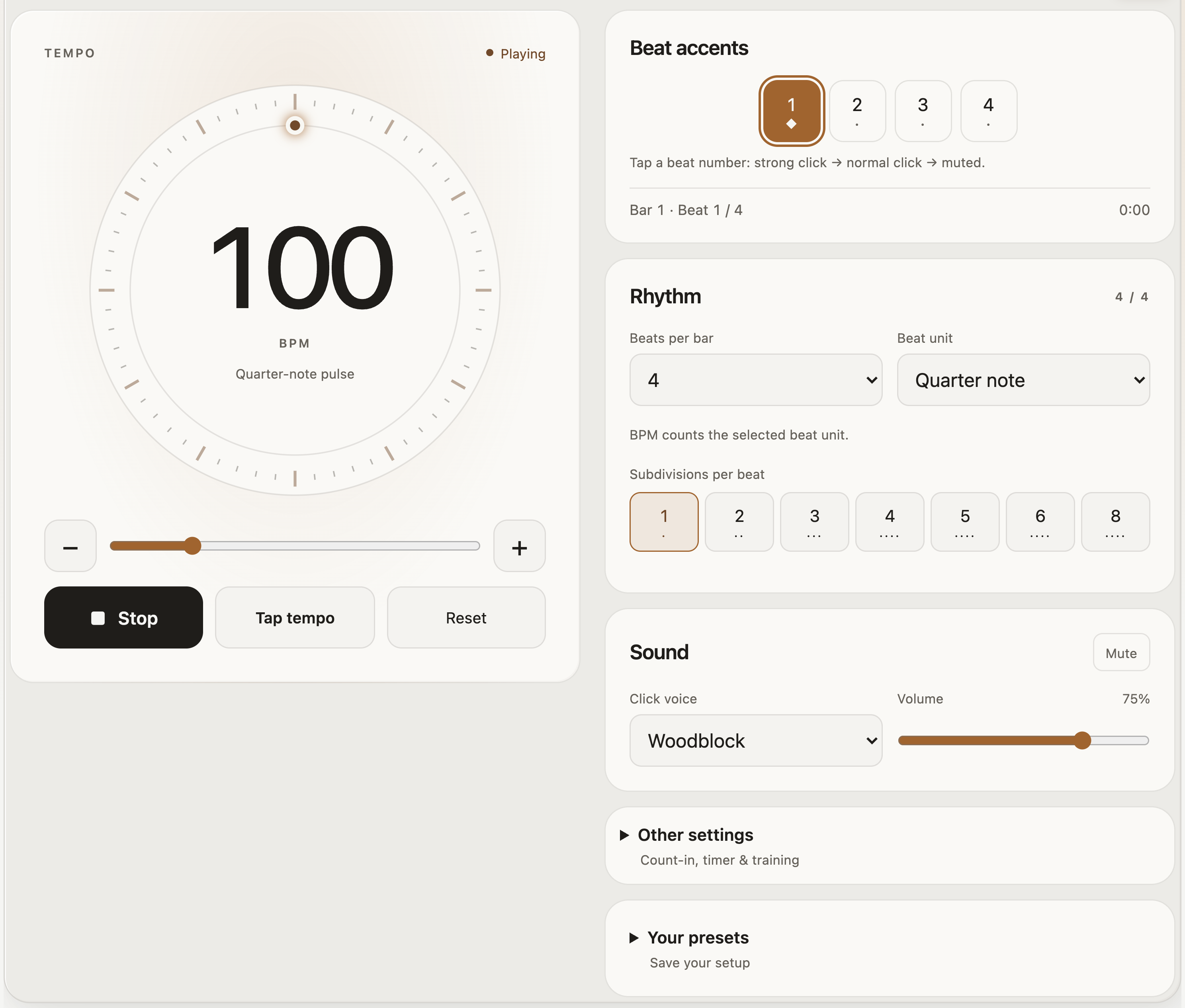 StrumForge metronome running at 100 BPM with visual beat accents, rhythm settings, and sound controls