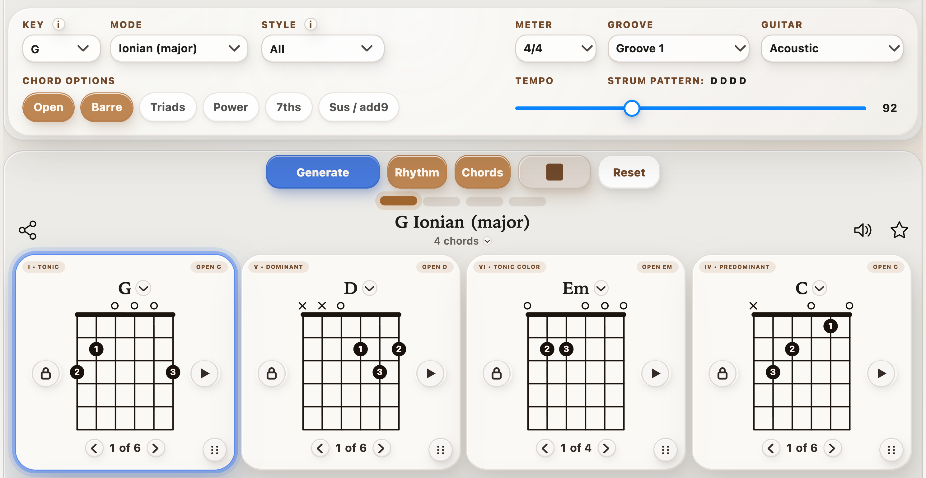 StrumForge chord progression generator playing G, D, Em, and C with highlighted chord diagrams