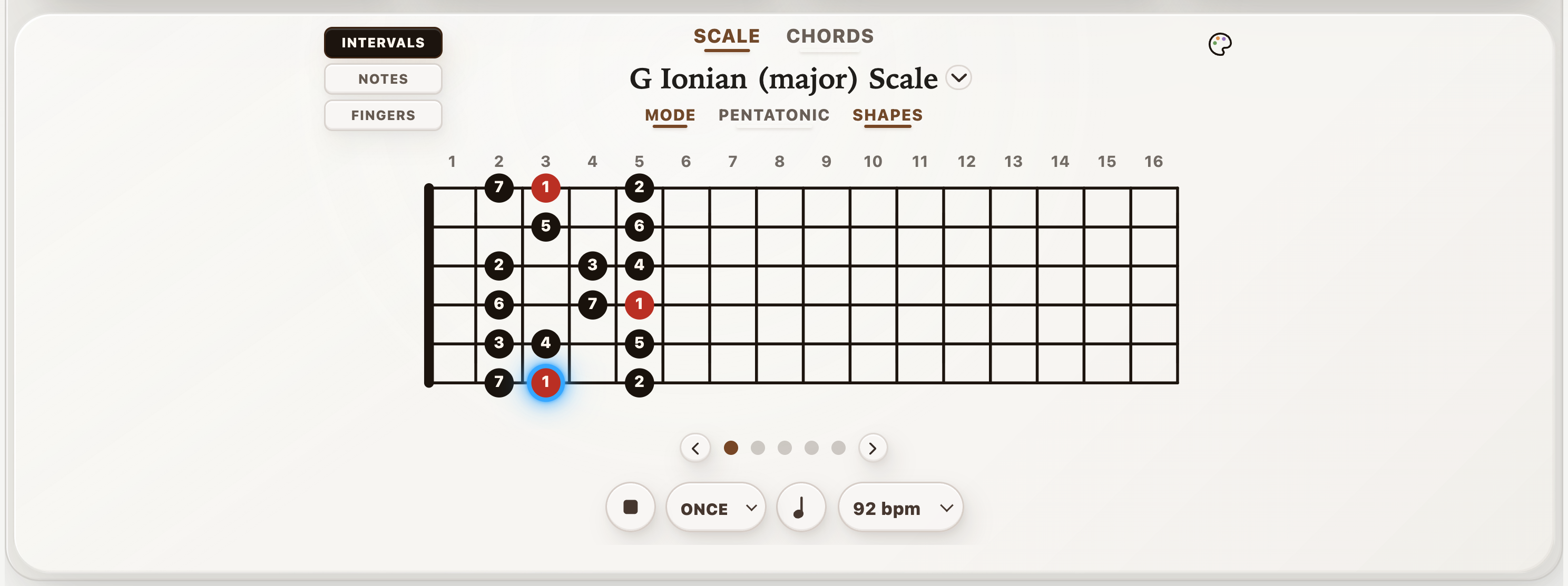 StrumForge scale practice showing a G major shape with interval labels and an active playback note