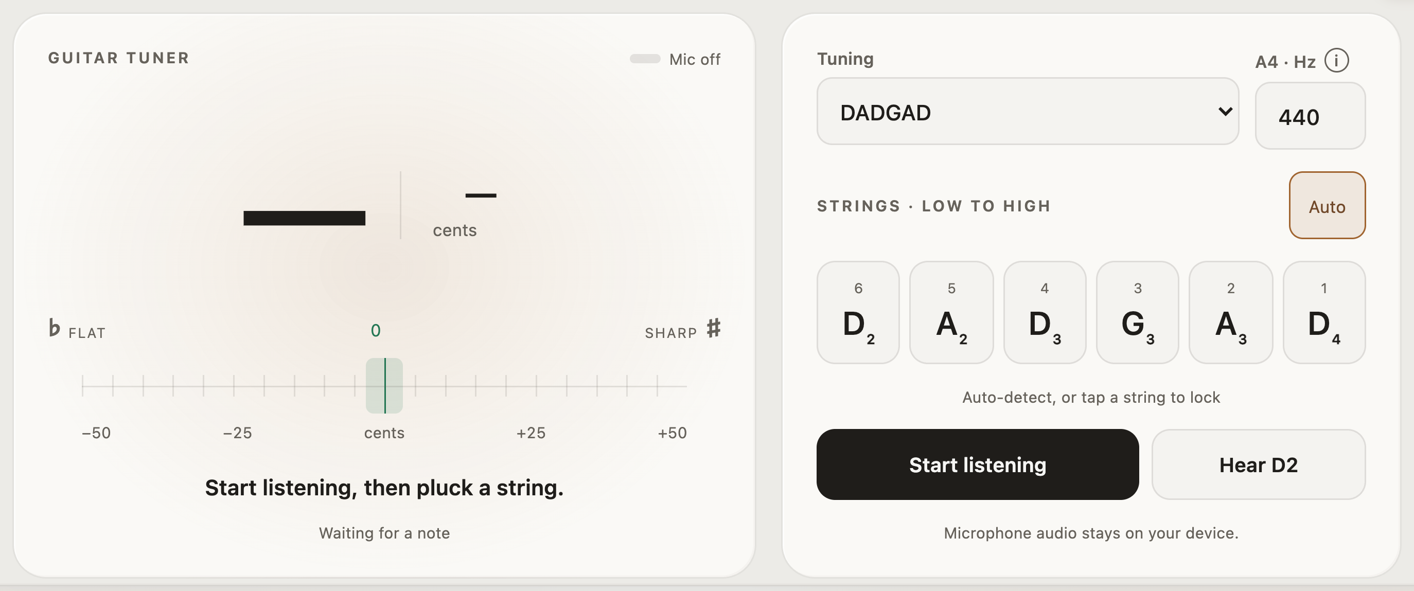 StrumForge guitar tuner set to DADGAD with six target string notes and a 440 Hz reference