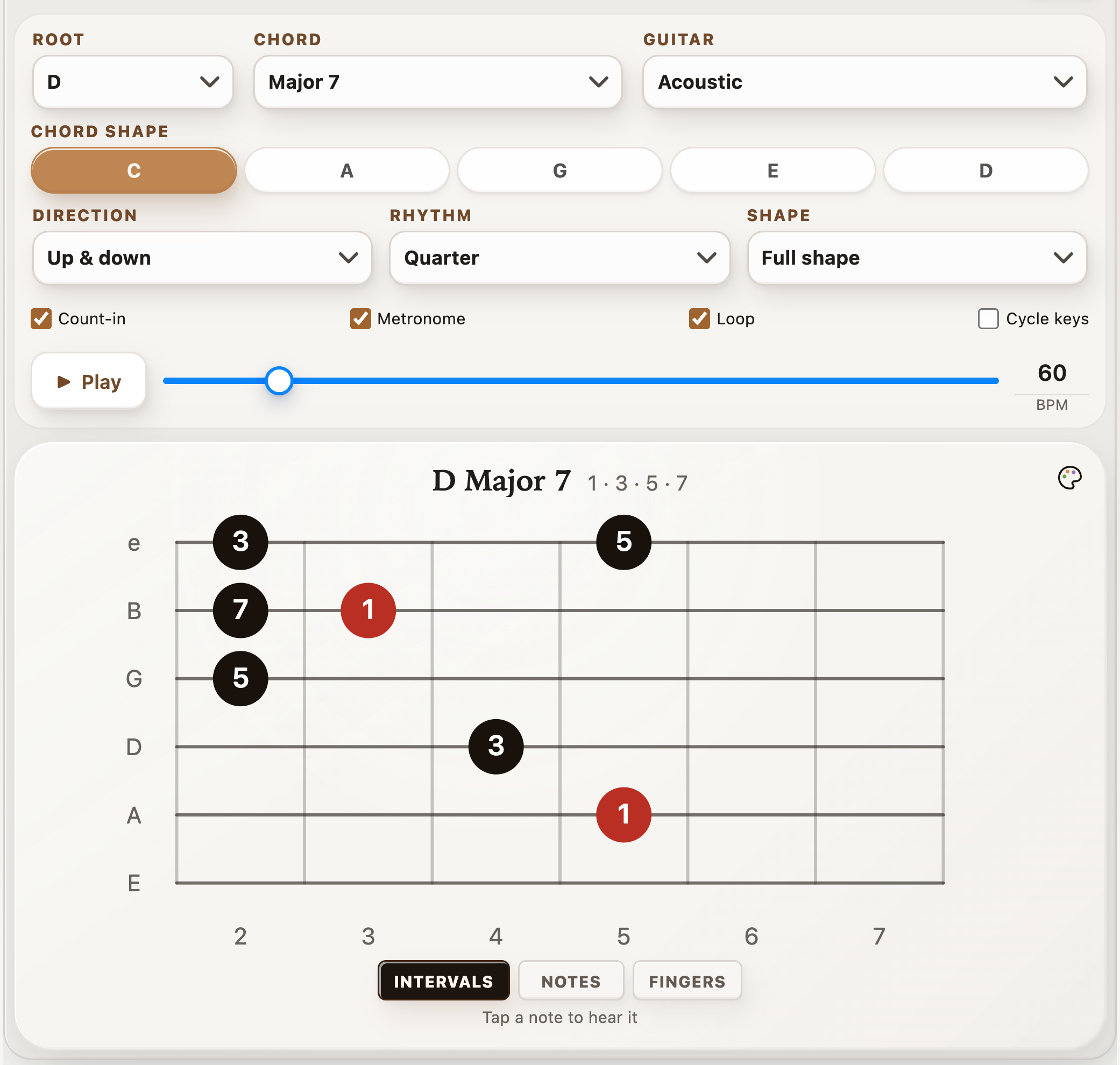 Current Arpeggio Trainer showing a D major 7 CAGED shape, interval labels, and playback settings