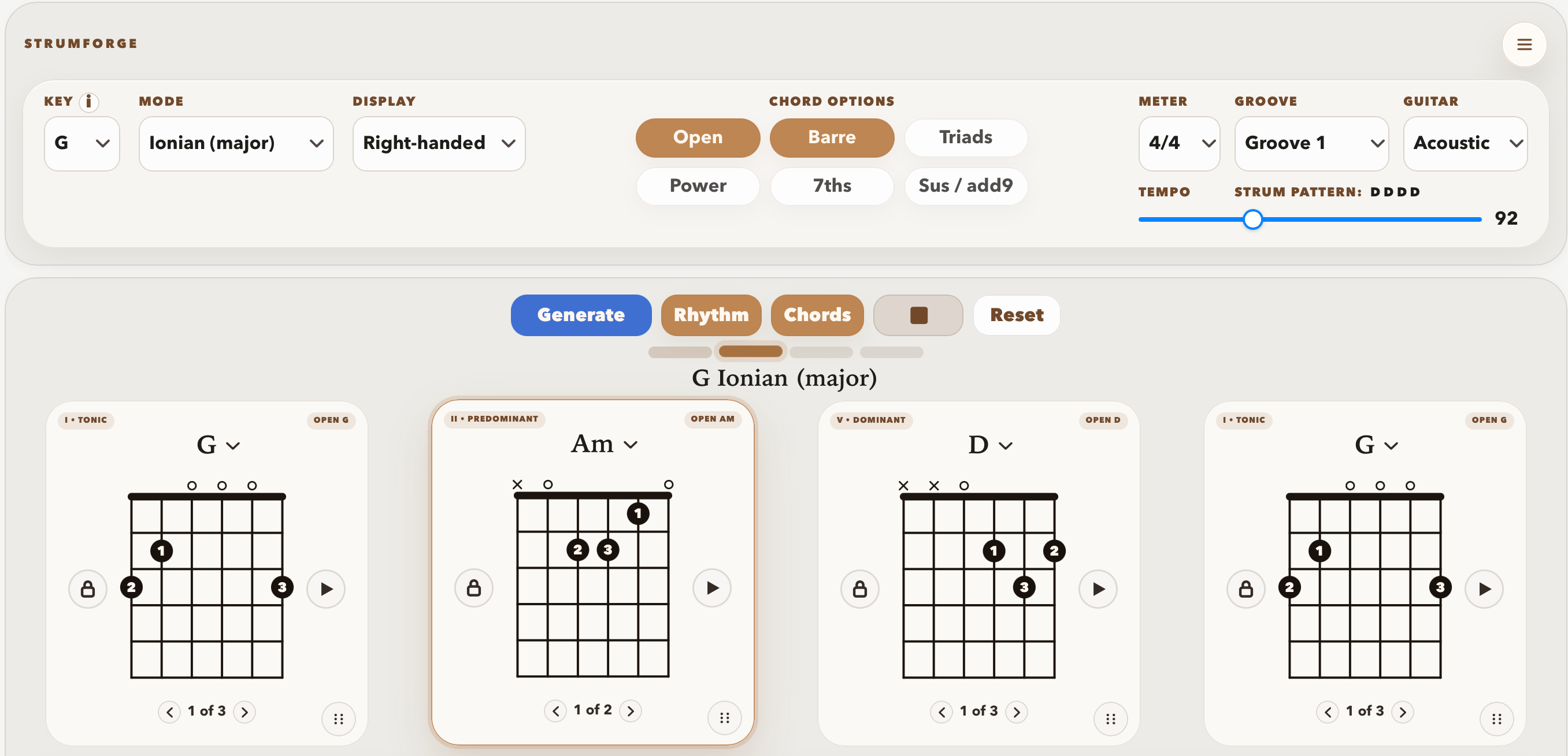 StrumForge showing progression controls and chord cards in landscape