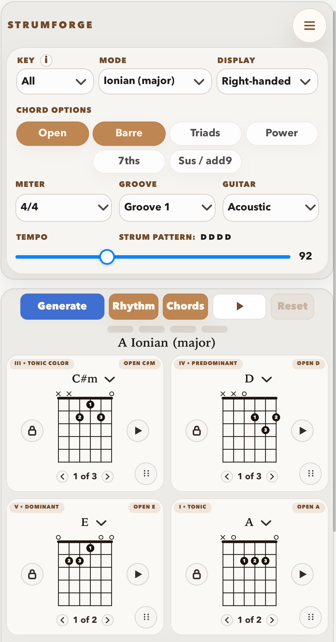 StrumForge in portrait on iPhone showing key, mode, shape, tempo, groove, and chord cards
