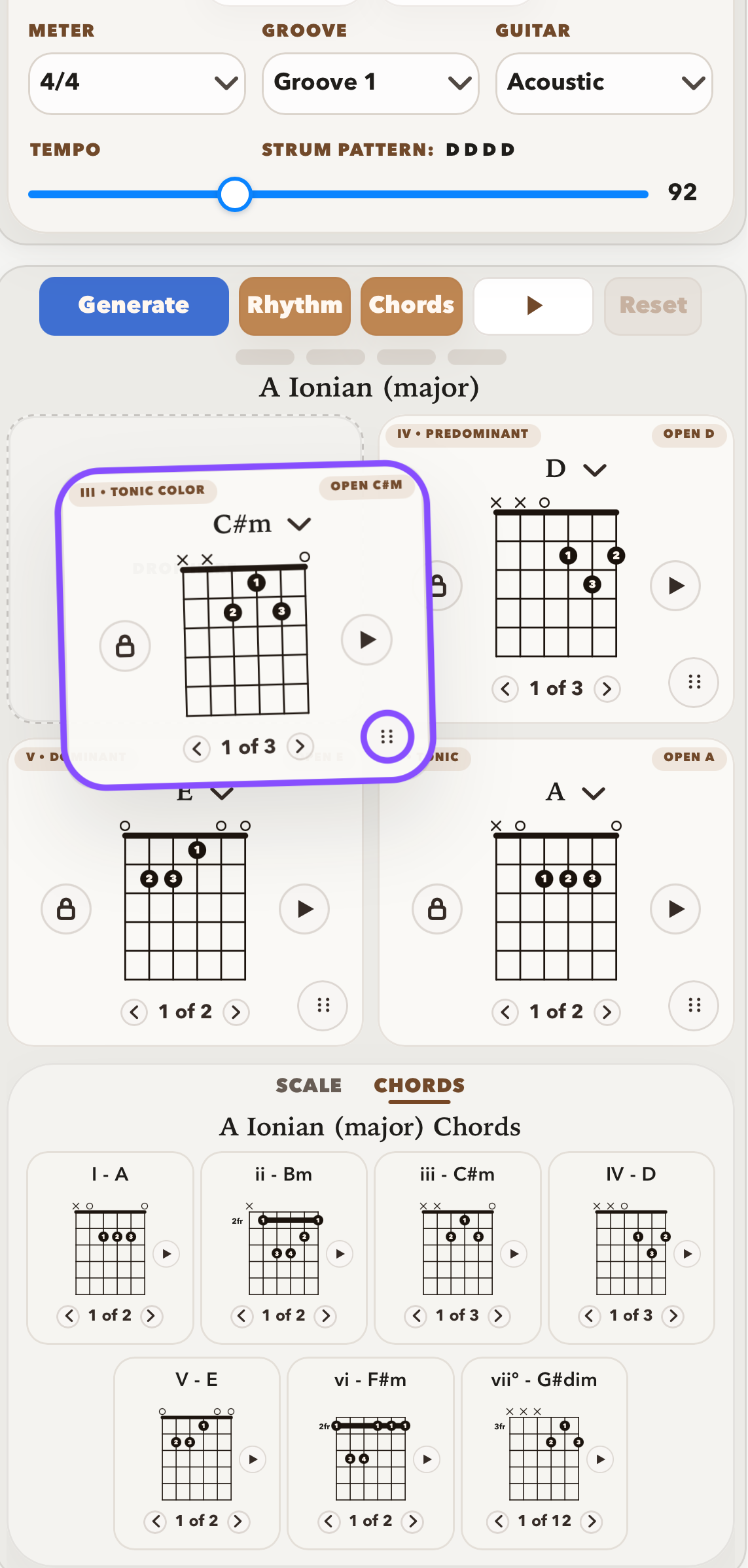 StrumForge on iPhone showing a chord diagram card being dragged to a new position in the progression