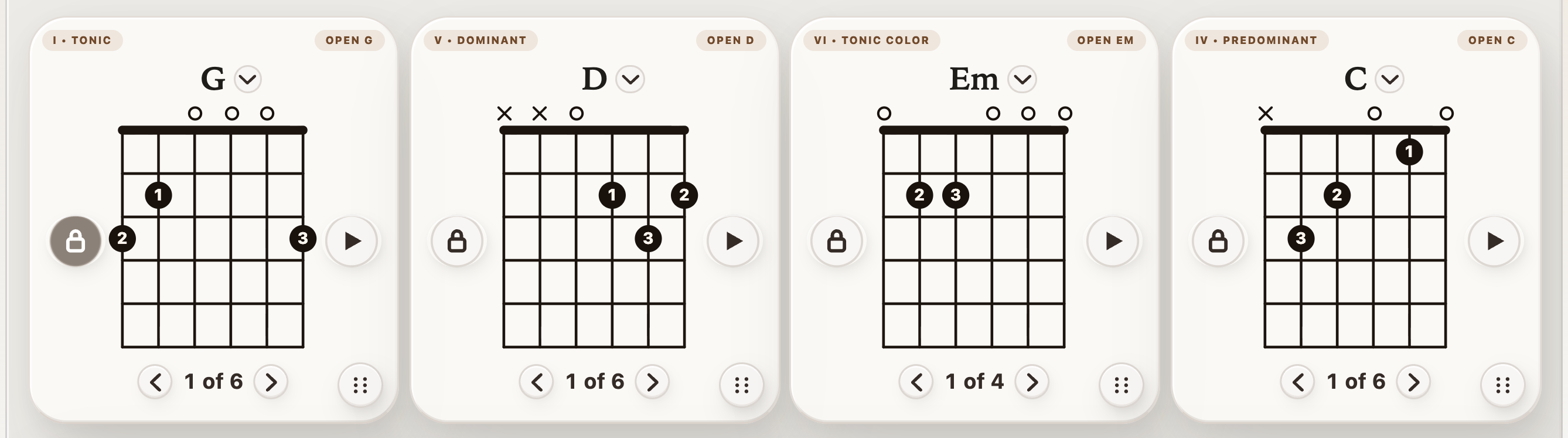 Current StrumForge chord cards with G major locked and shape selectors available for each chord
