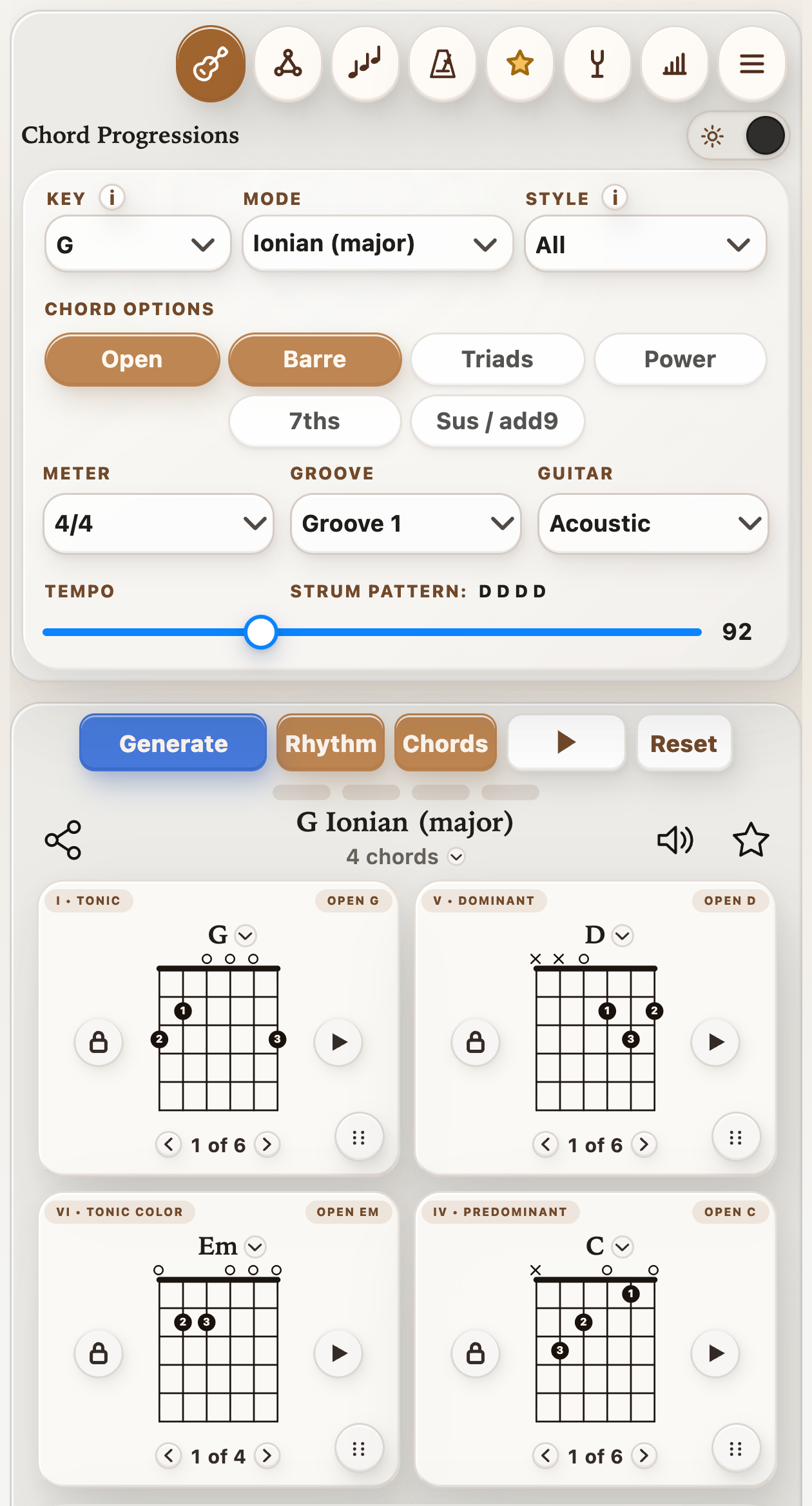 Current StrumForge mobile app showing key, mode, chord options, tempo, groove, and G D Em C chord diagrams