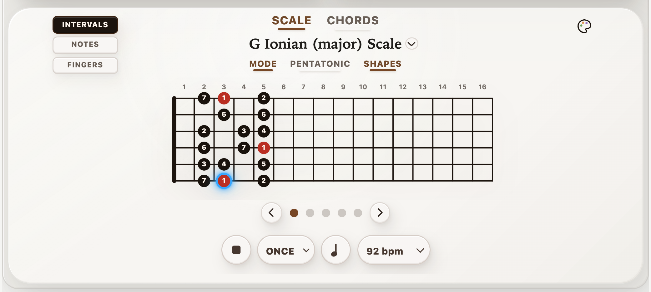 Current StrumForge scale practice showing a G major shape, active note highlight, tempo, and playback controls