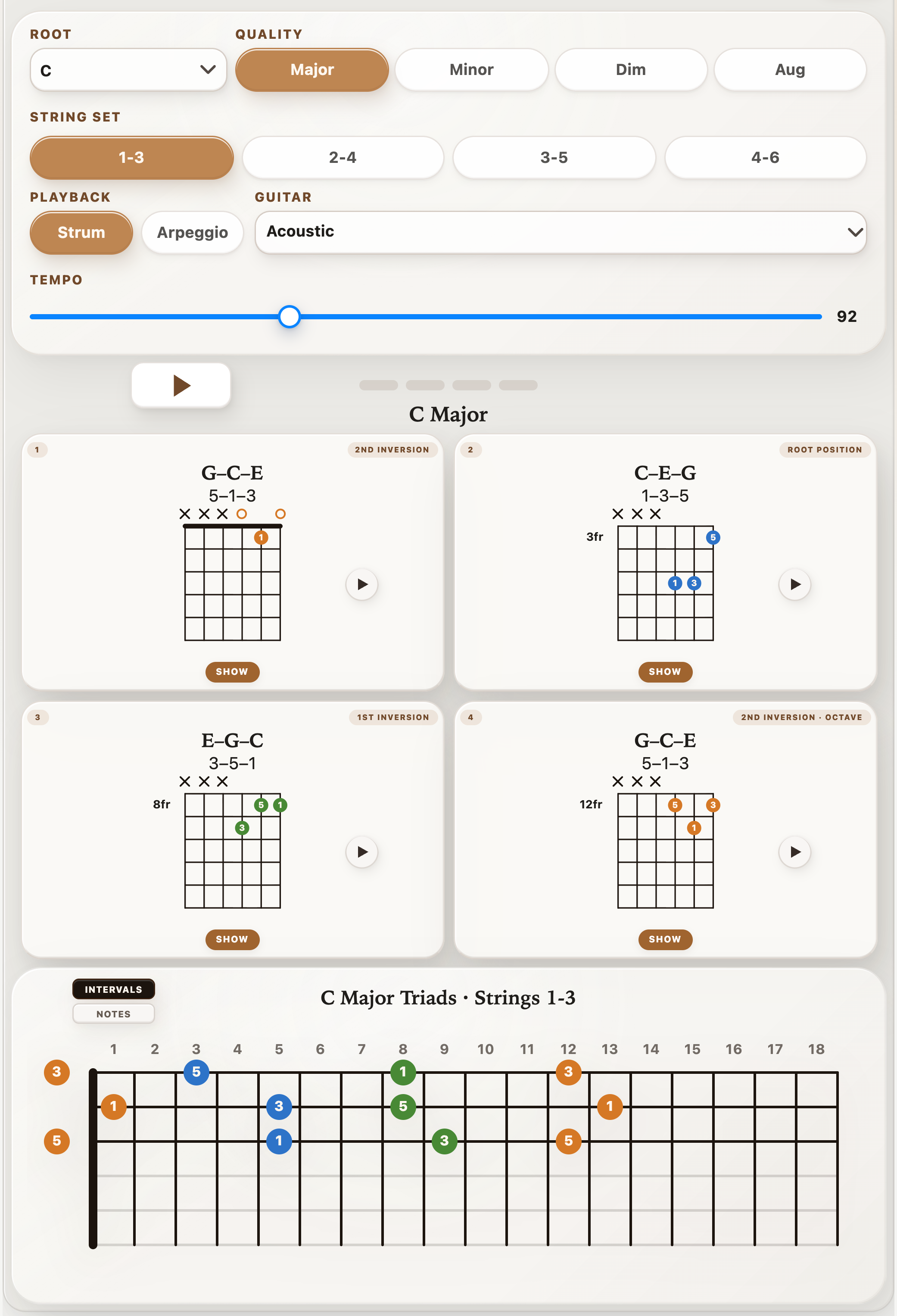 StrumForge Triad Trainer showing C major inversions as chord diagrams and connected fretboard shapes