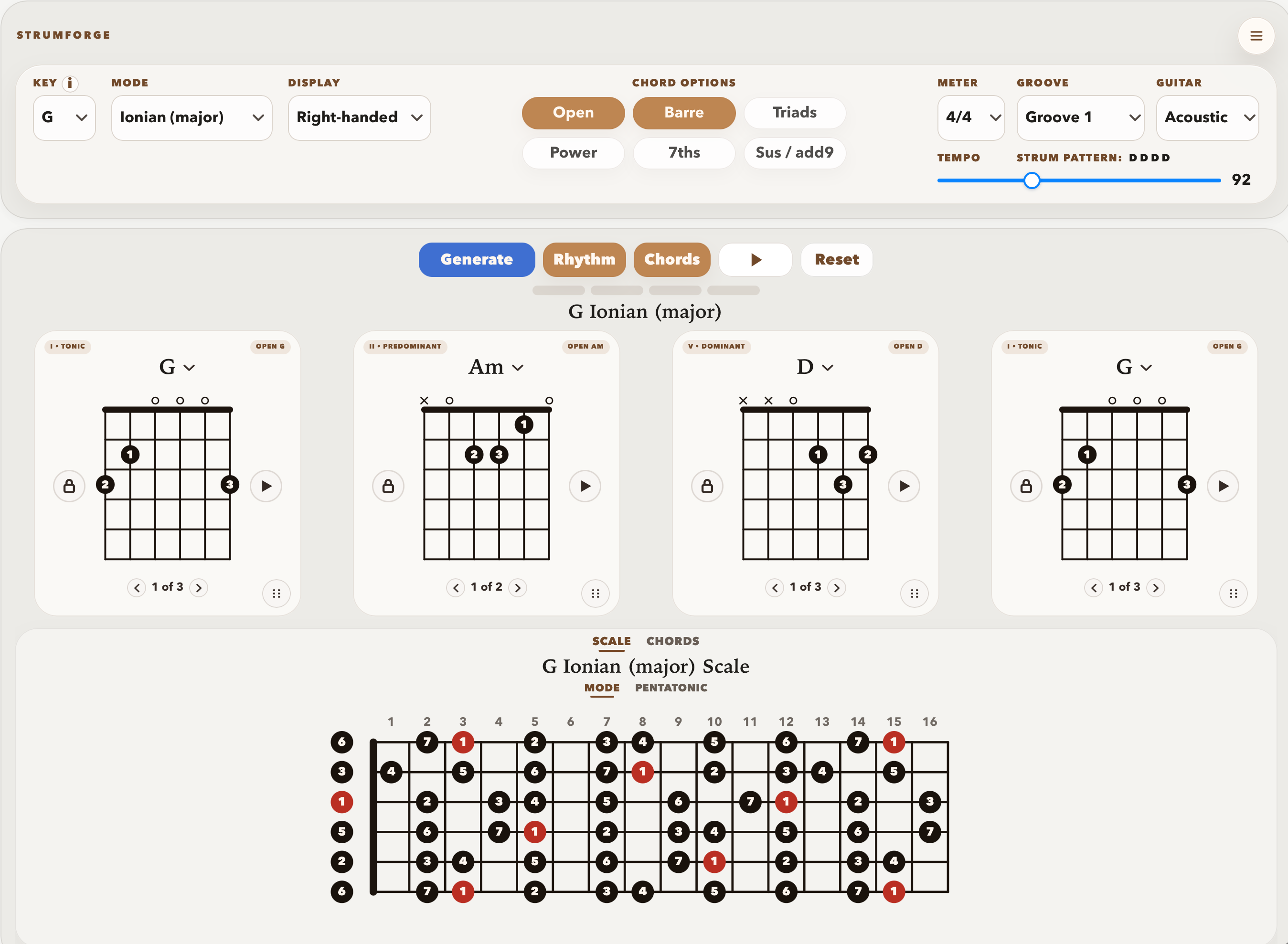 StrumForge showing progression controls, chord diagrams, and scale view in landscape