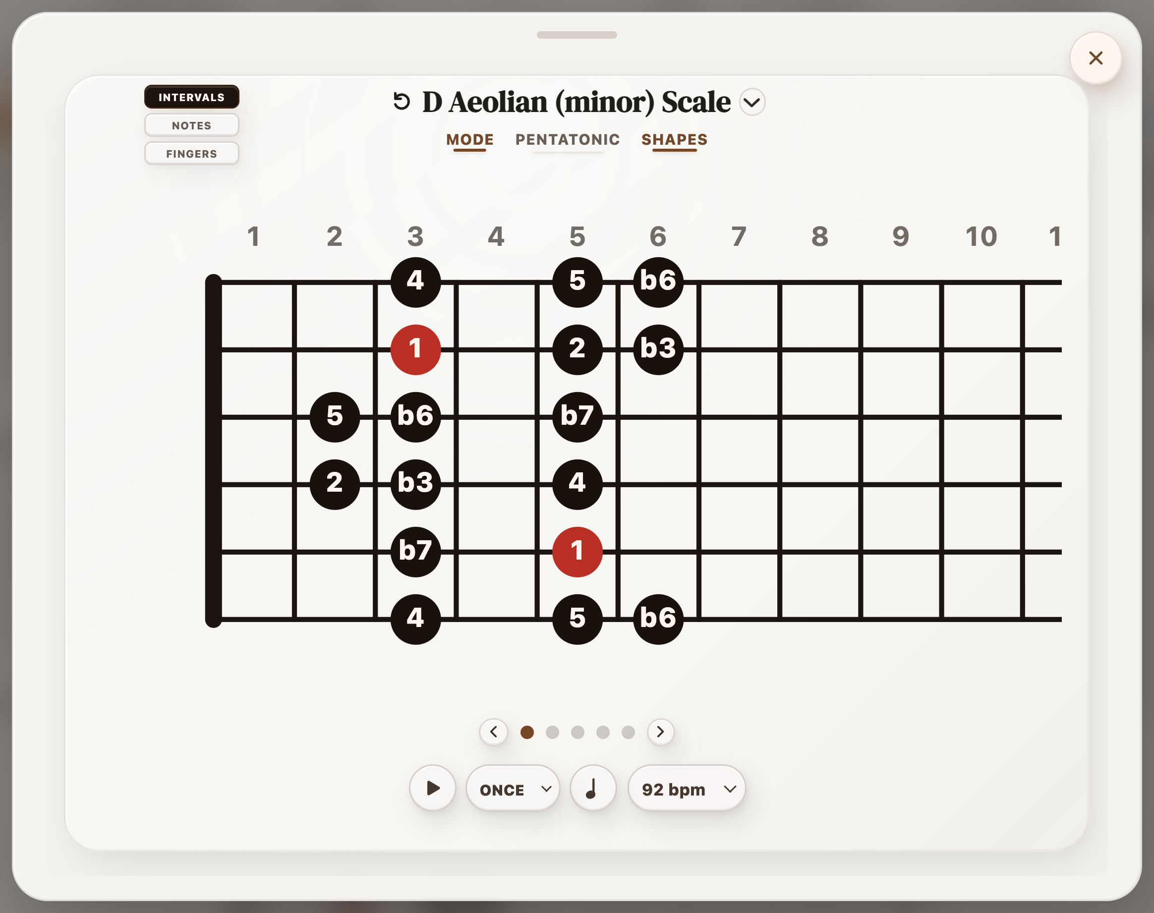 D Aeolian scale shape with interval labels and practice controls in StrumForge