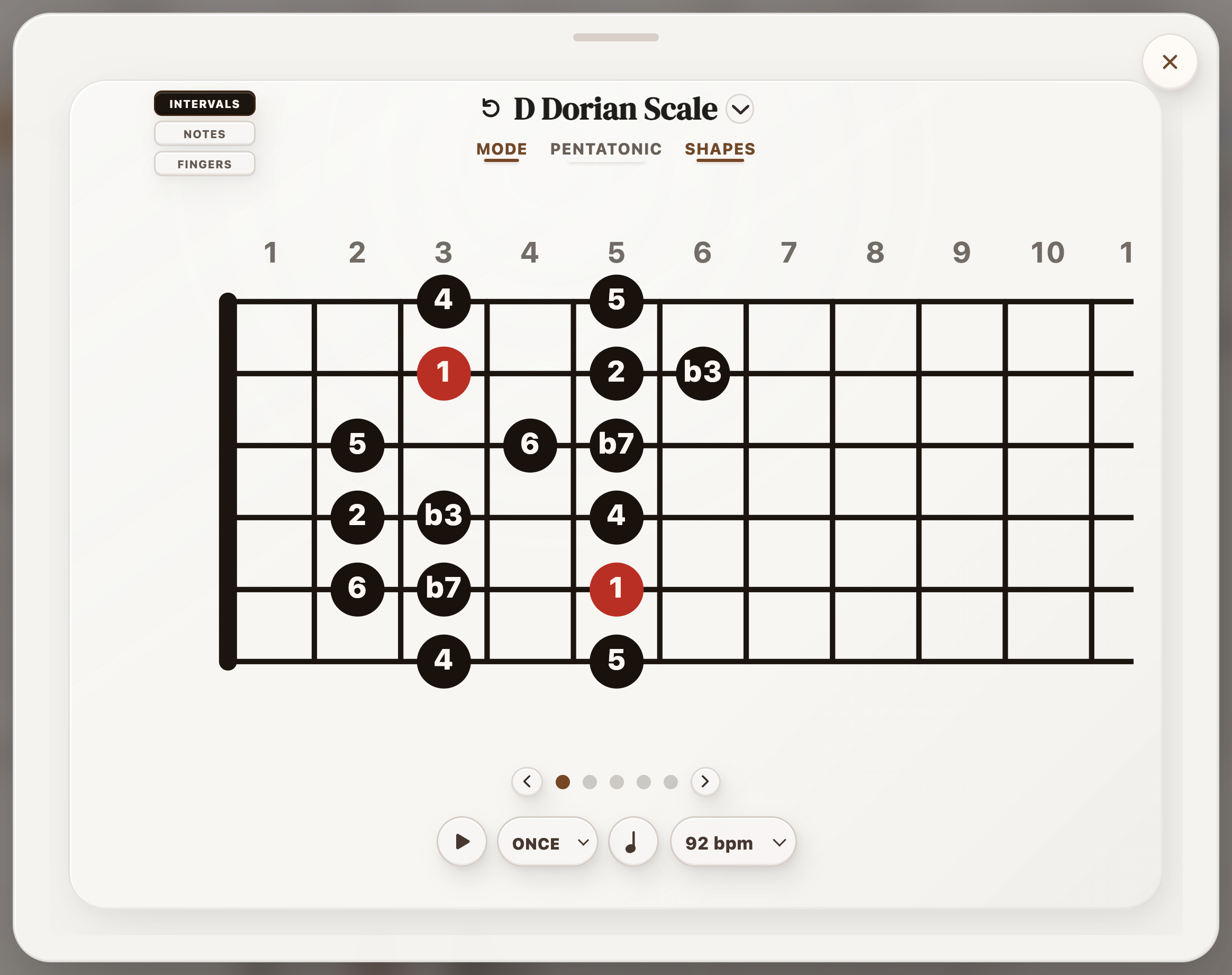 D Dorian scale shape with interval labels and practice controls in StrumForge