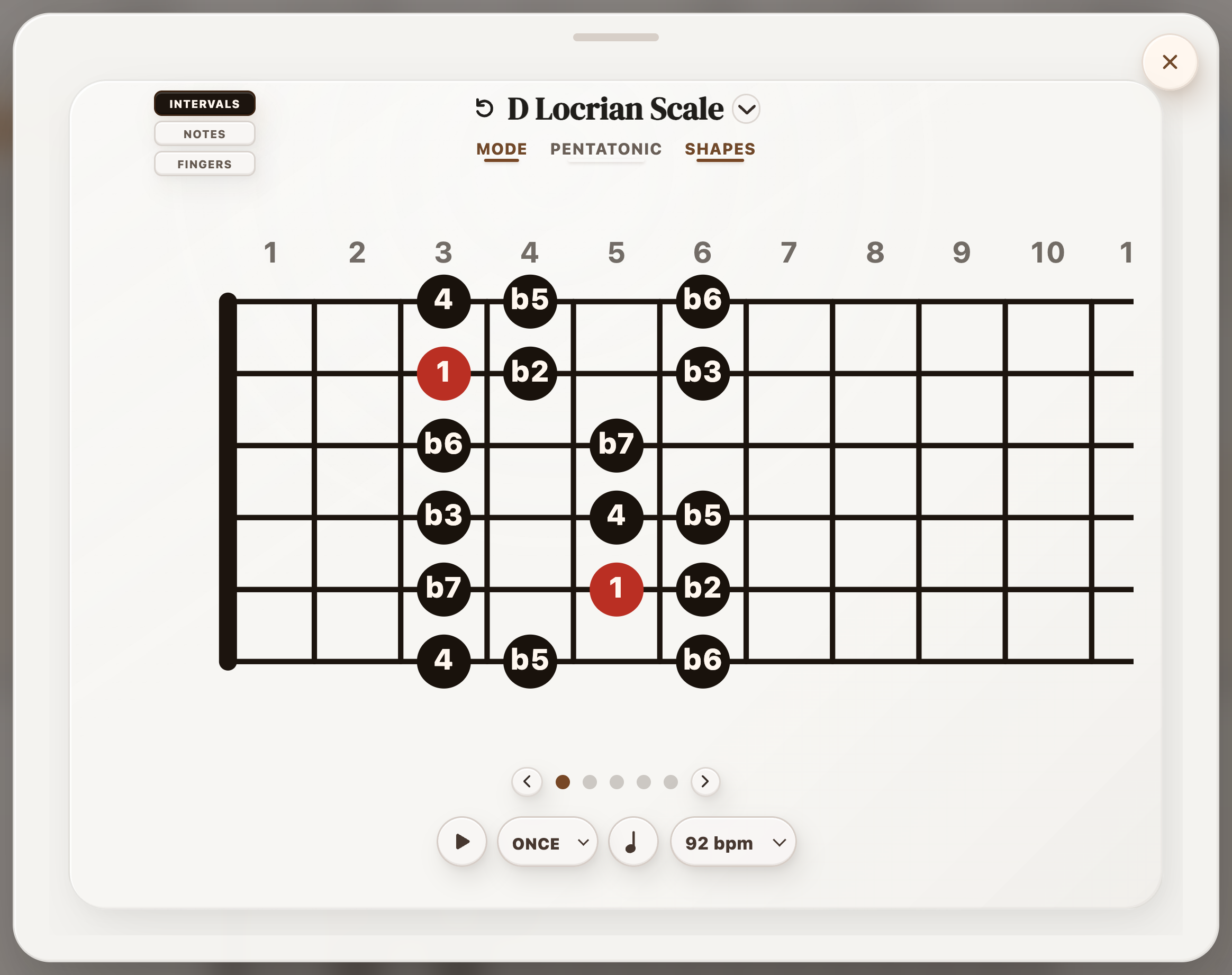 D Locrian scale shape with interval labels and practice controls in StrumForge