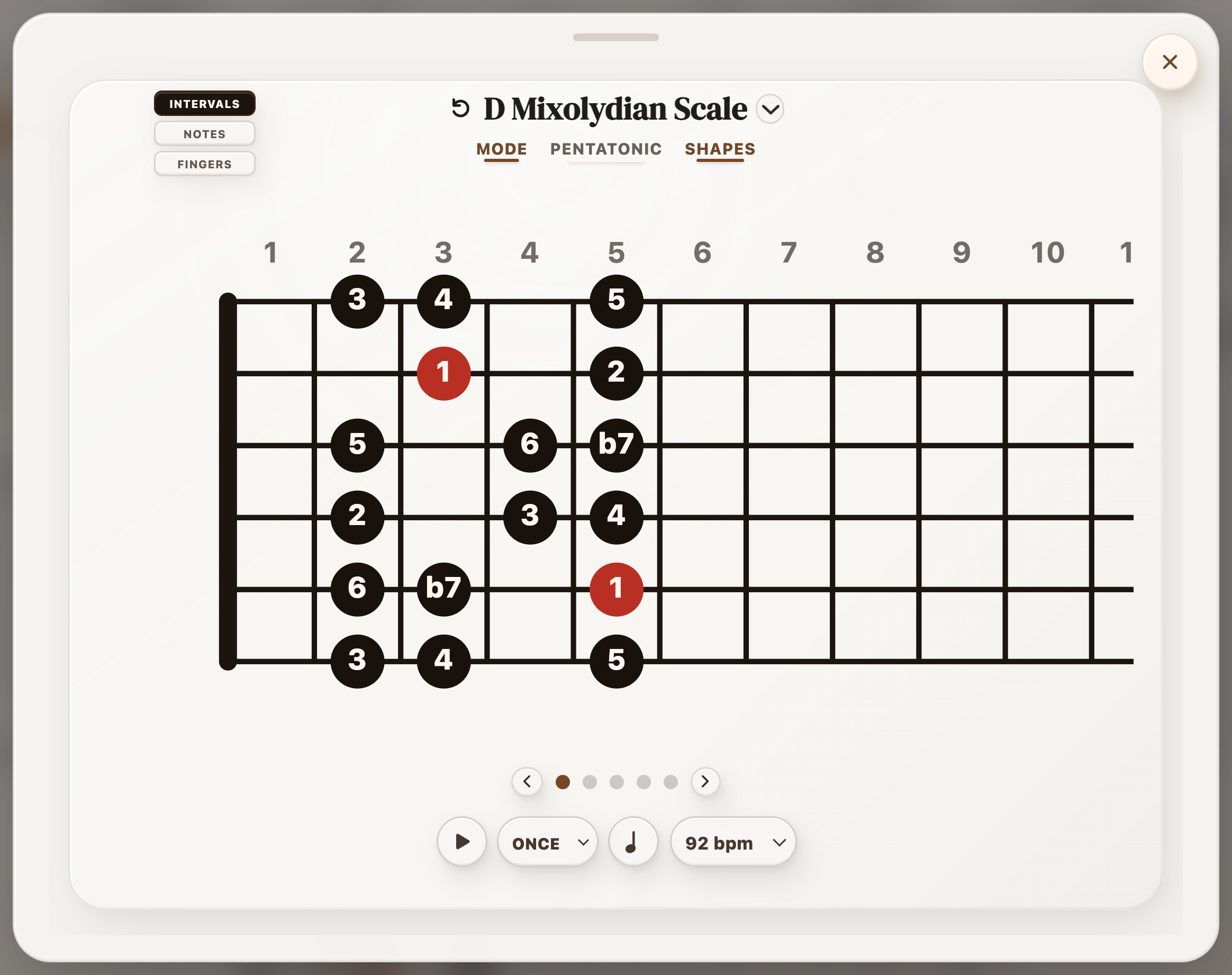 D Mixolydian scale shape with interval labels and practice controls in StrumForge