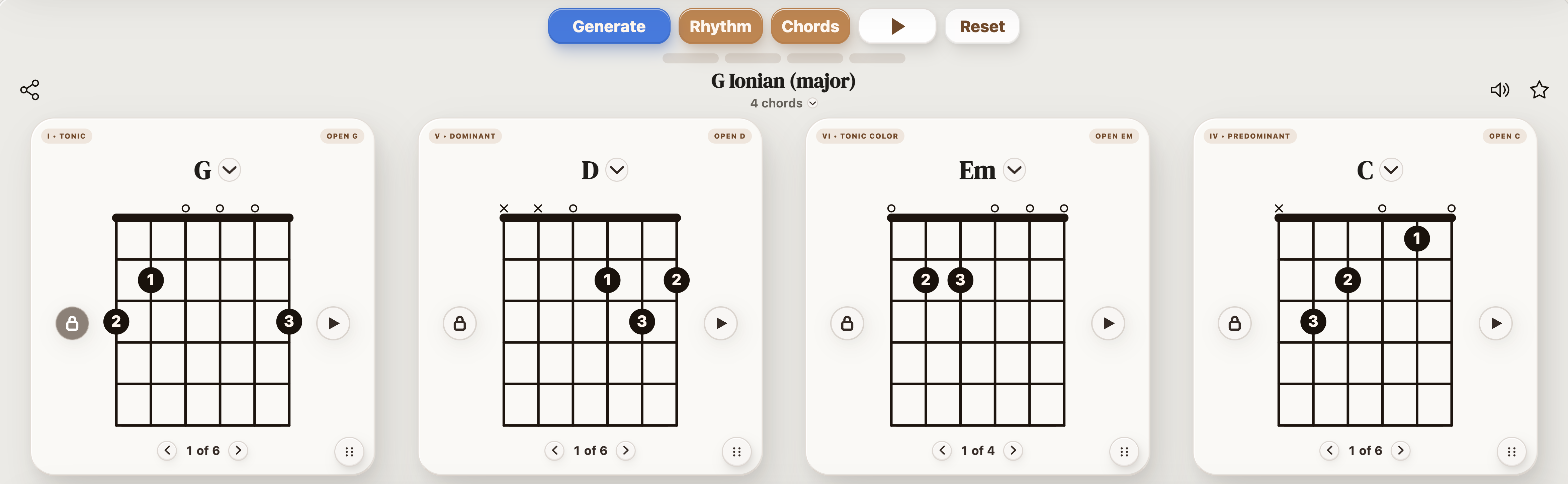 G–D–Em–C in StrumForge with the first G chord locked