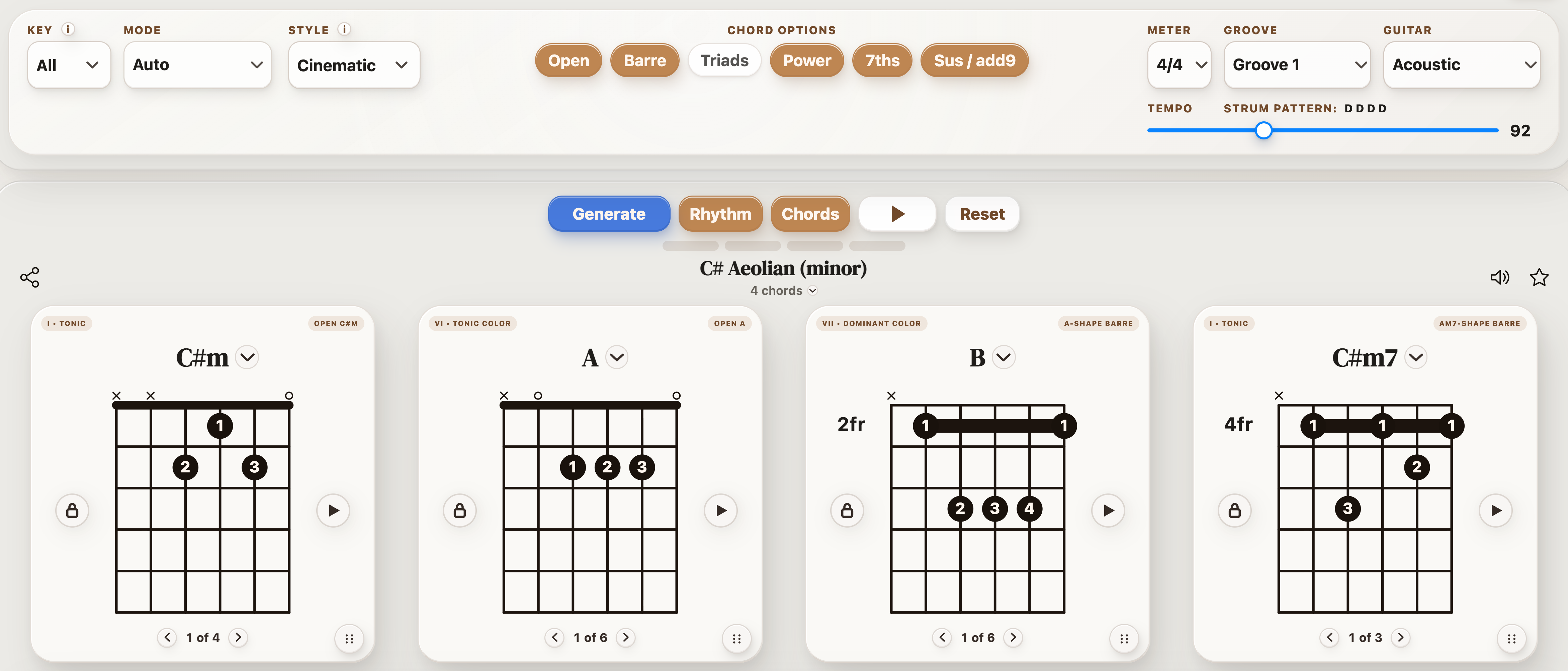 Cinematic selected in StrumForge with chord options and a generated four-chord progression