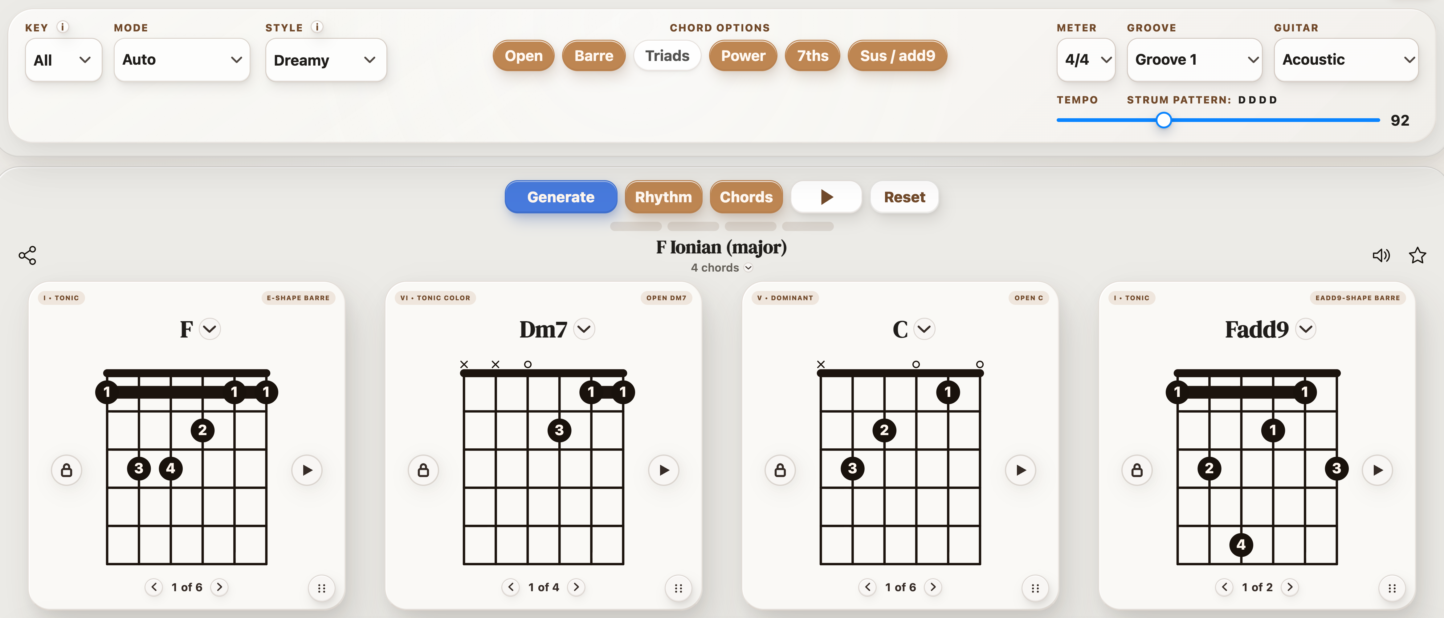 Dreamy selected in StrumForge with chord options and a generated four-chord progression