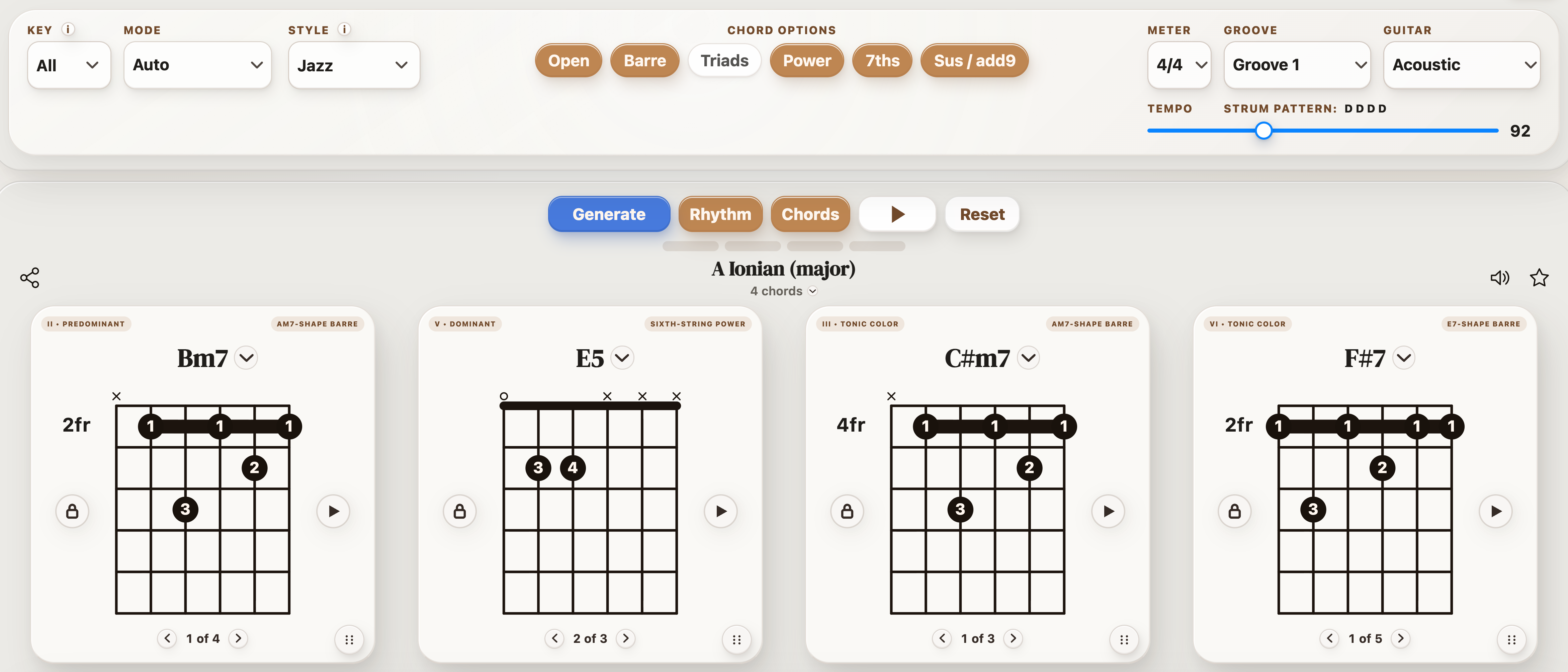 Jazz selected in StrumForge with chord options and a generated four-chord progression