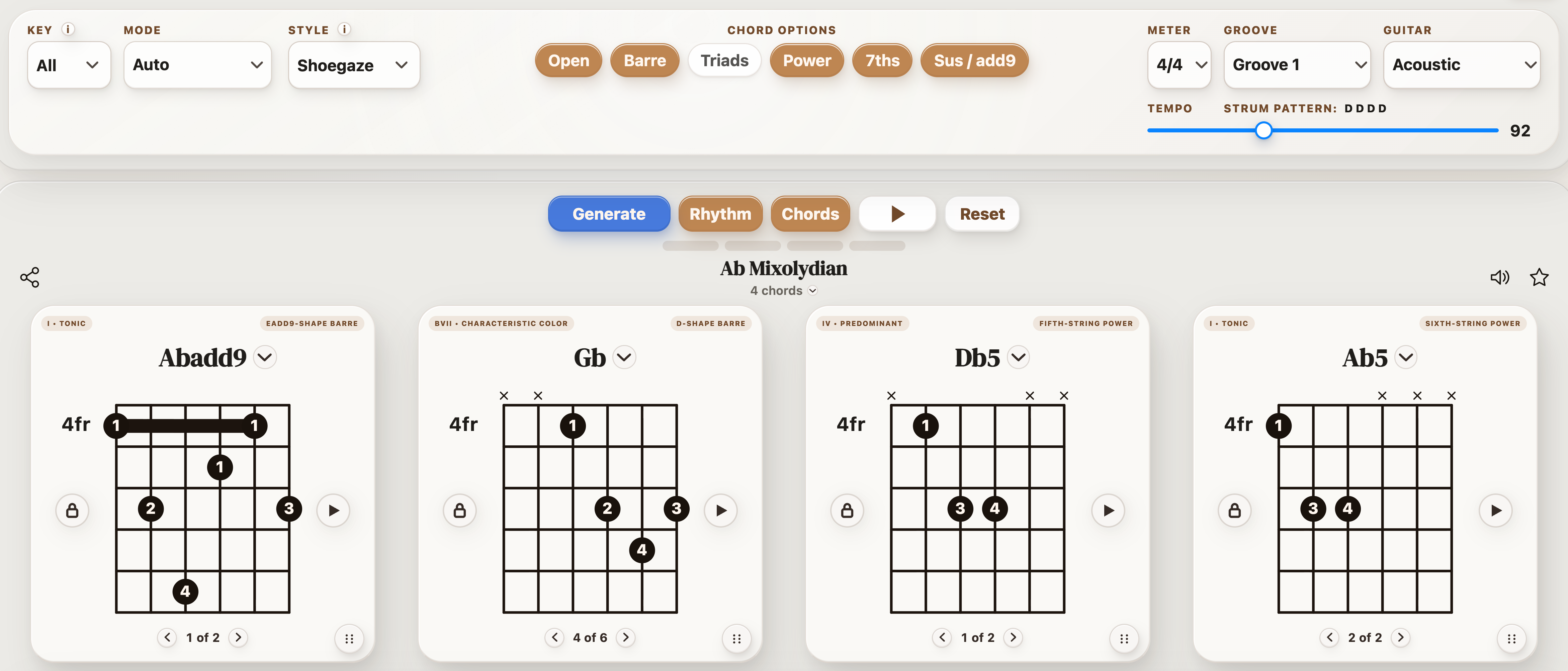 Shoegaze selected in StrumForge with chord options and a generated four-chord progression