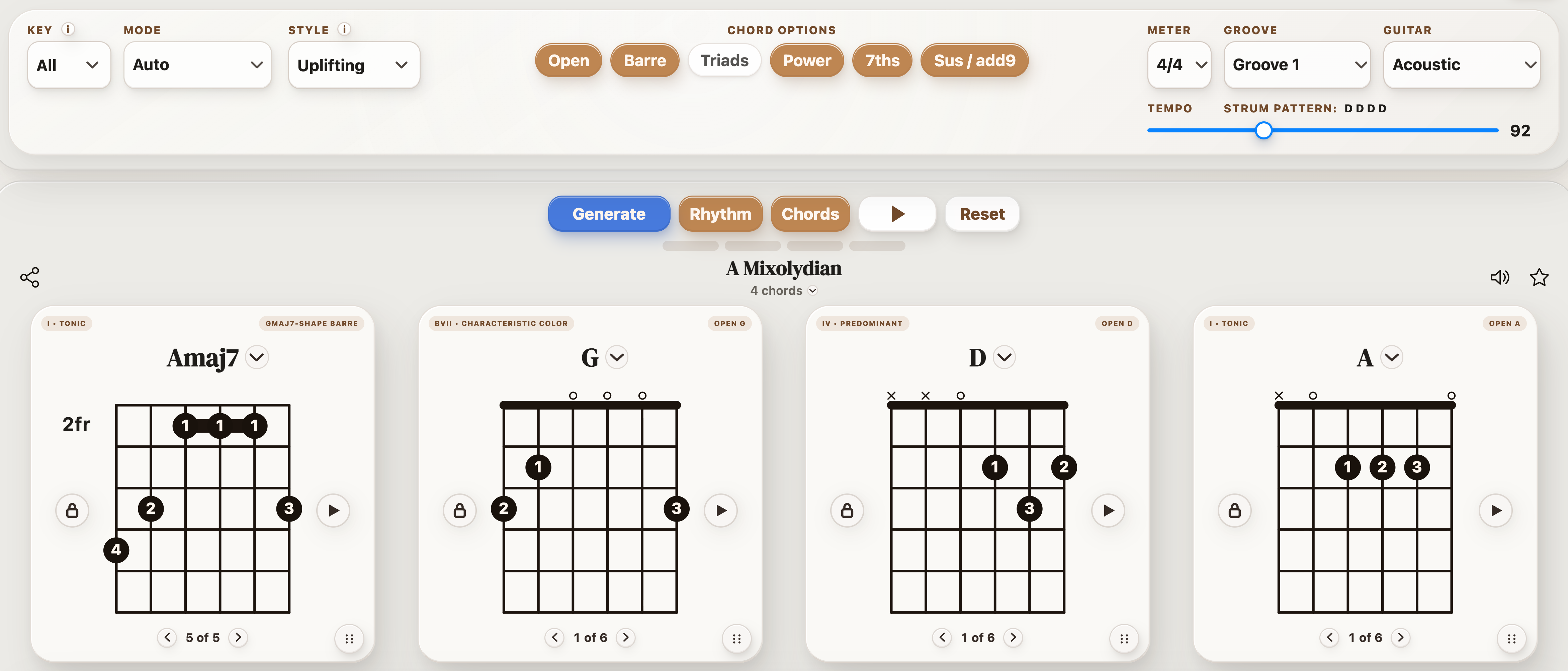 Uplifting selected in StrumForge with chord options and a generated four-chord progression