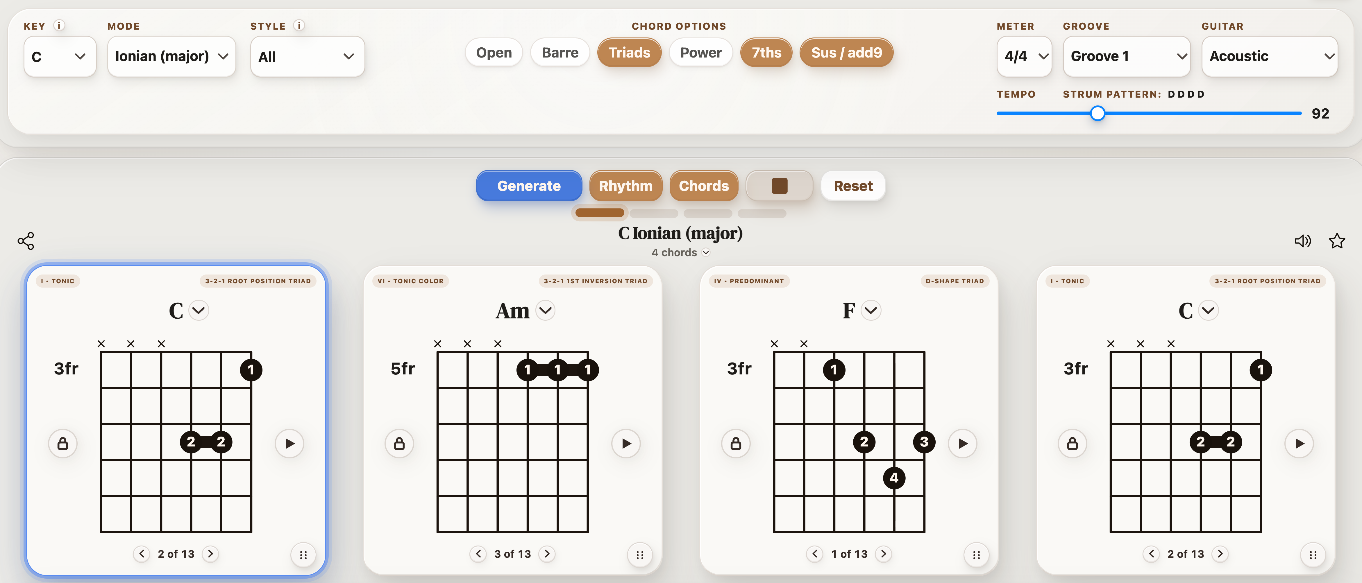 C, A minor, F and C progression playing with Triads selected and the active C chord outlined