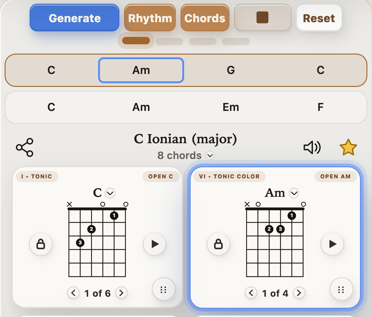 Playback controls with guitar chord progression