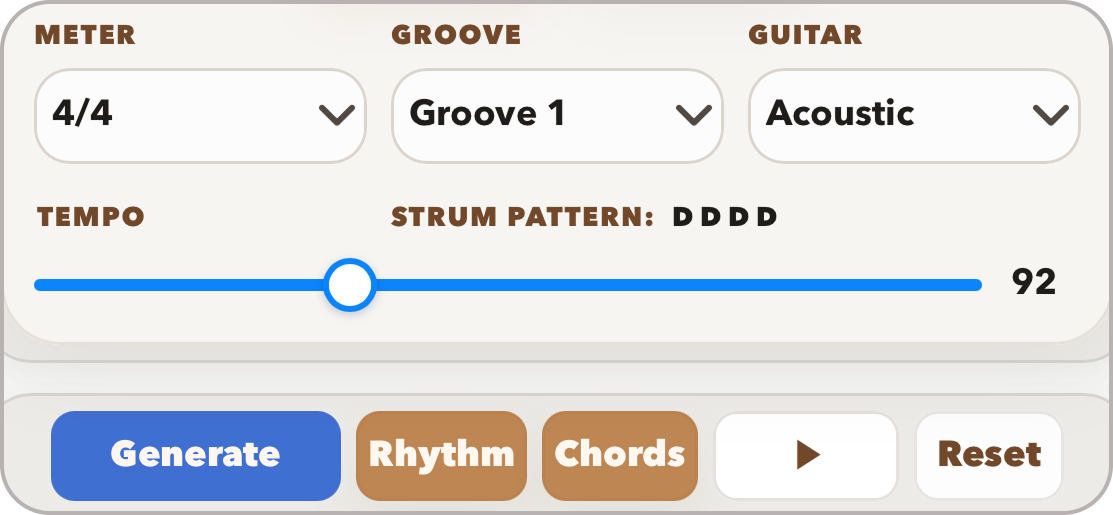 Rhythm, guitar, and tempo controls