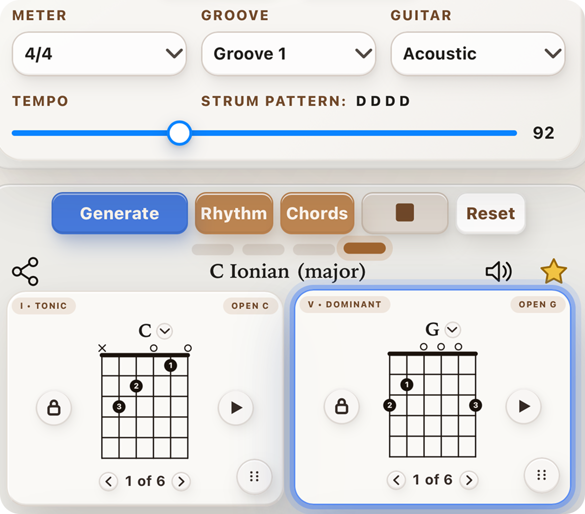 Playback controls with guitar chord progression