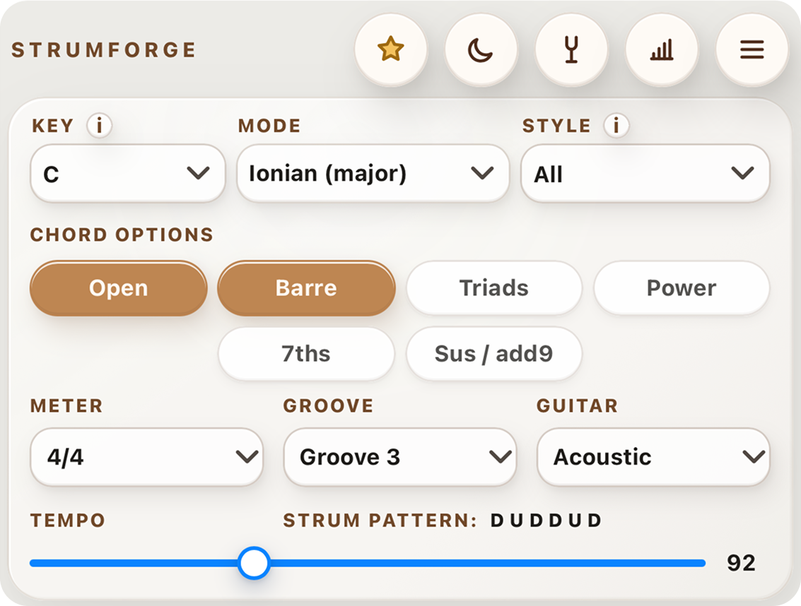 Key, mode, groove, chord type, and guitar sound controls
