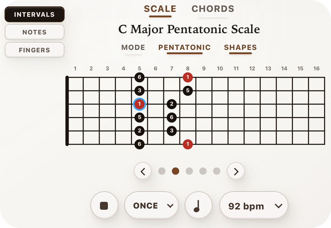 Scale shape playback controls across the fretboard